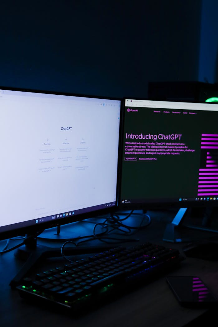 Services Vertical shot of a dual monitor setup with ChatGPT on screens, ideal for technology and AI concepts.