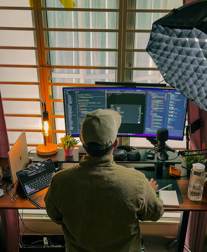 Services A developers home office setup with multiple screens, coding in progress, and cozy lighting.